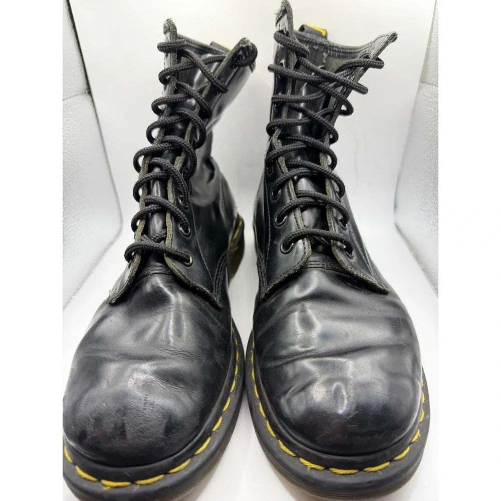 Dr. Martens 1460 8 Eye Black Smooth Leather Combat Boots Yellow Stitching
